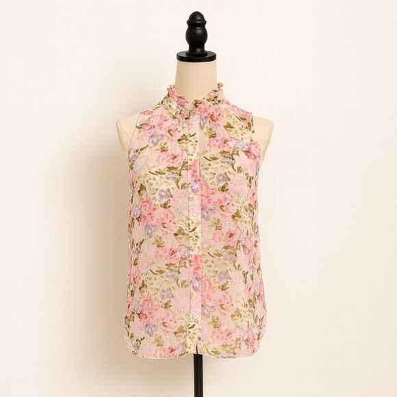 Forever 21 Floral Sleeveless Blouse | Size M | Sheer Button Down High Neck Top - Picture 1 of 4